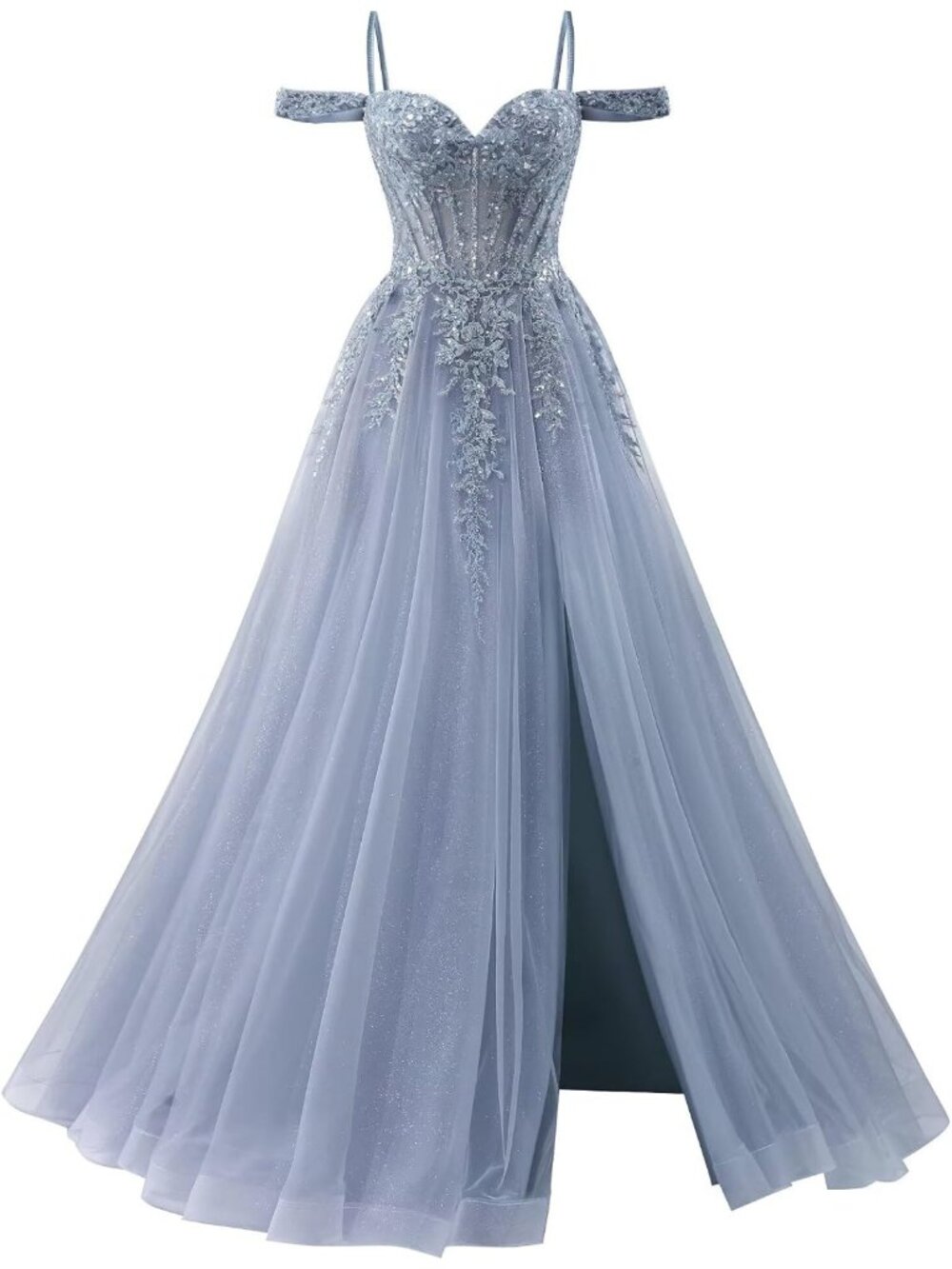 Dusty Blue Sparkly Tulle Off Shoulder Ball Gown Prom Dress Size 4